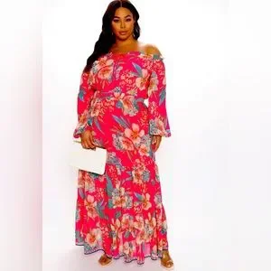 Fashion Nova Dresses Floral Long Sleeve Red Maxi Dress Xl